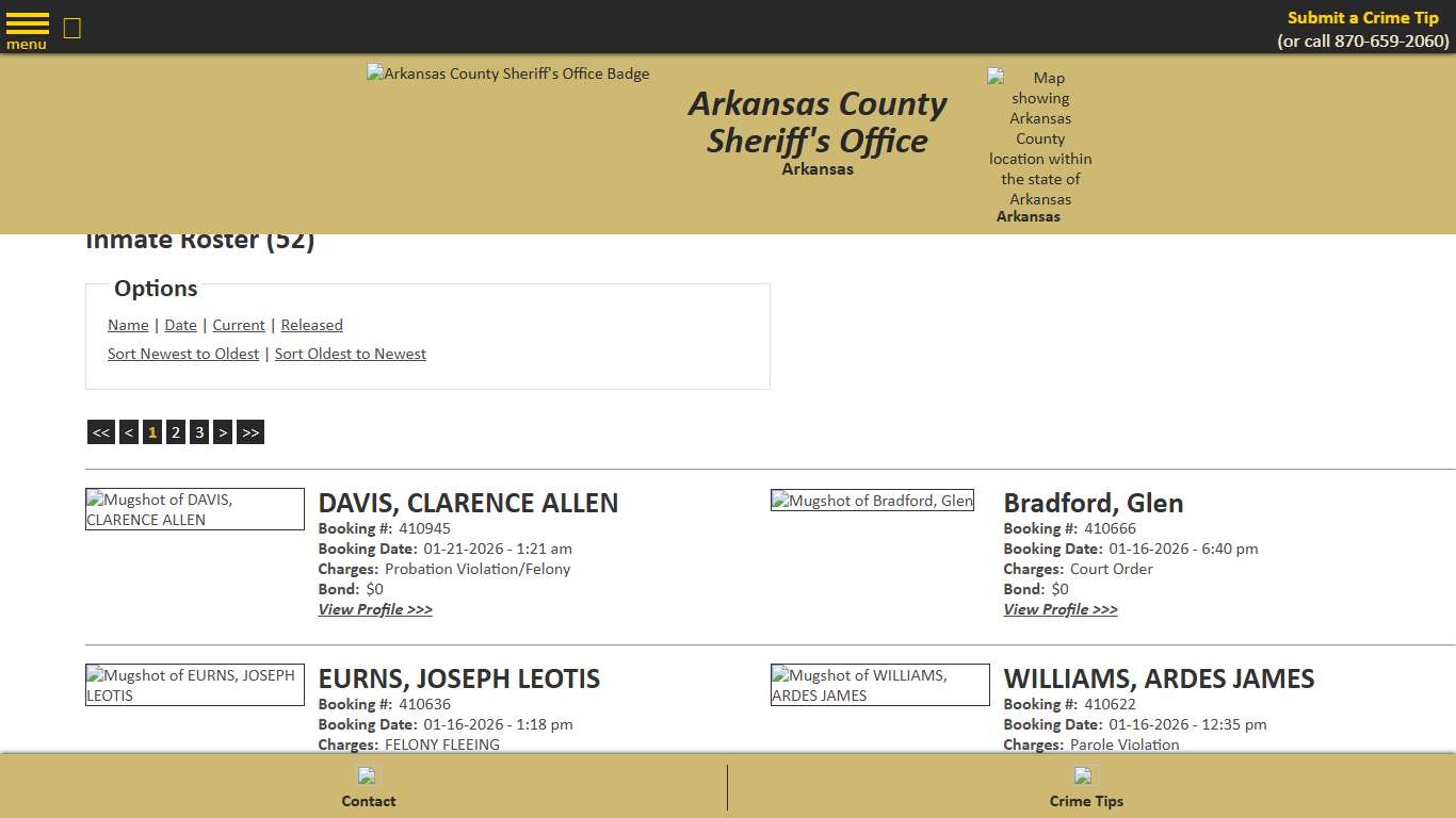 Inmate Roster - Current Inmates Booking Date Descending - Arkansas County Sheriff's Office, Arkansas